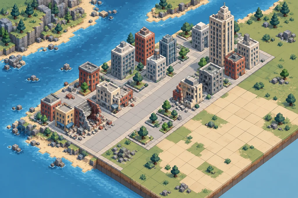Illustrative pixel-art city scene divided into a baseline layout and a later experiment area, without any game interface