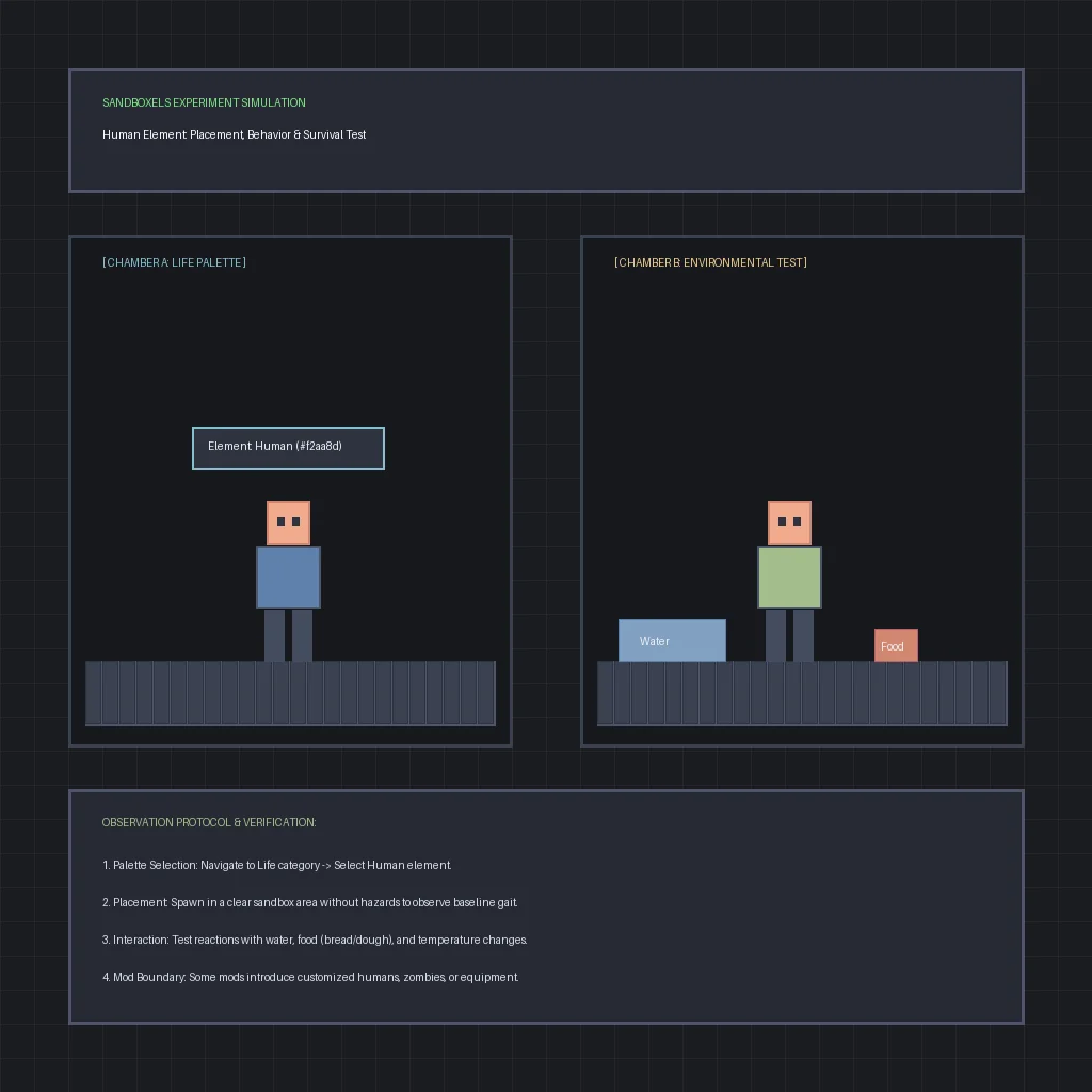 Schaubild des Menschen-Guides in Sandboxels mit Palettenauswahl und Umgebungsbeobachtung