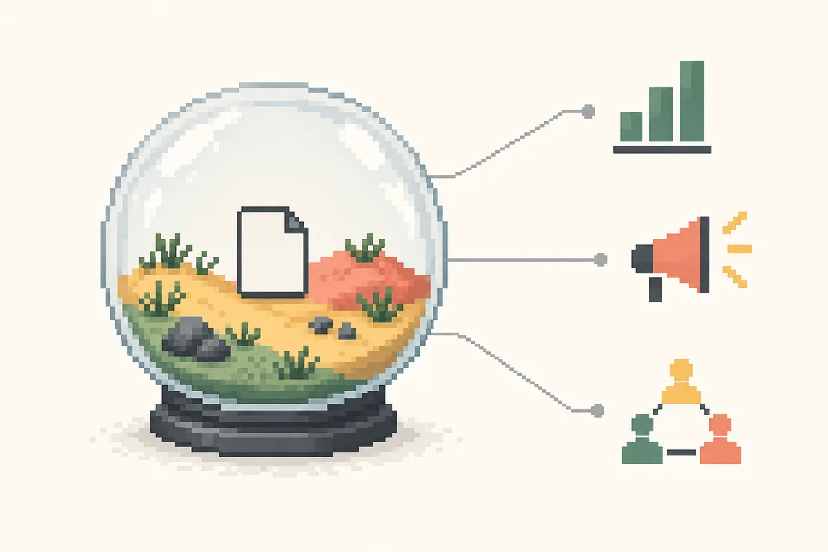 Illustrazione concettuale di una scena a pixel salvata collegata a simboli distinti per analisi, comunicazione e servizi della community