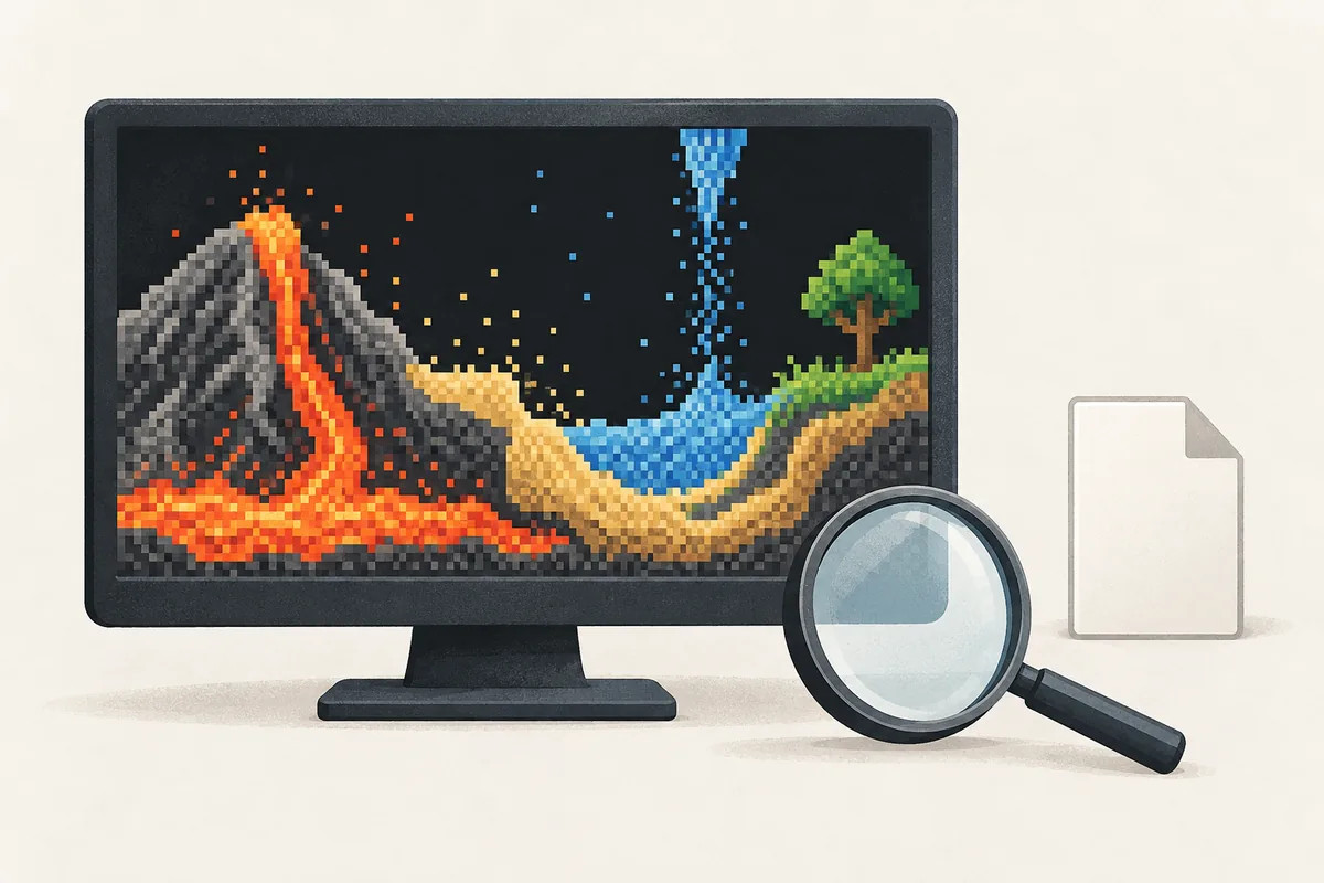 Illustrazione editoriale di un gioco sandbox a pixel su un monitor con una lente d'ingrandimento accanto a un simbolo di file separato