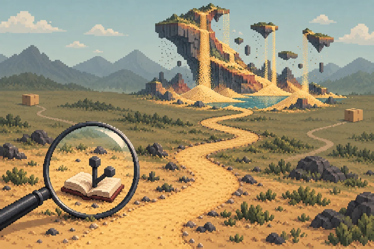 Illustrazione concettuale di un percorso verso un paesaggio a pixel con una lente e un documento