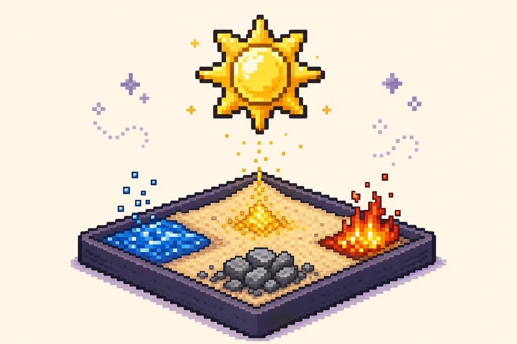 水、火、石を使った小さなSandboxels風実験の上にあるSunエレメントのピクセルアートイラスト