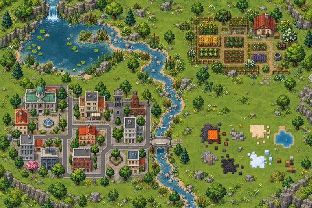Illustrative pixel-art scene map with separate water, garden, city, and open test areas