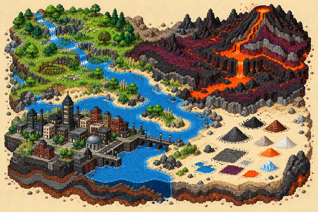 Illustrative pixel-art Sandboxels world with a river, layered terrain, a small city, and distinct areas for creative experiments